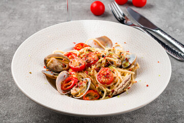 Traditional italian seafood pasta with clams Spaghetti alle Vongole