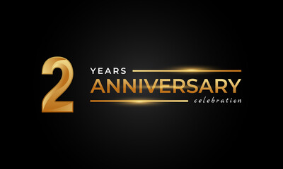 2 Year Anniversary Celebration with Shiny Golden and Silver Color for Celebration Event, Wedding, Greeting card, and Invitation Isolated on Black Background