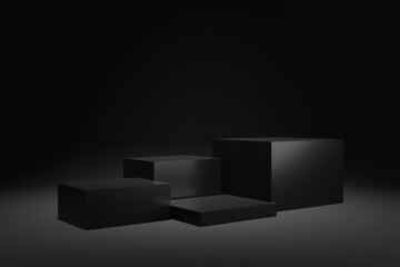 Blank pedestals or platform in cube shape with dark black studio background for product display.