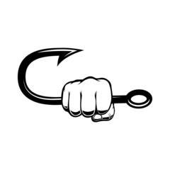 Hand holding fish hook. Design element for poster, card, banner,emblem, sign. Vector illustration