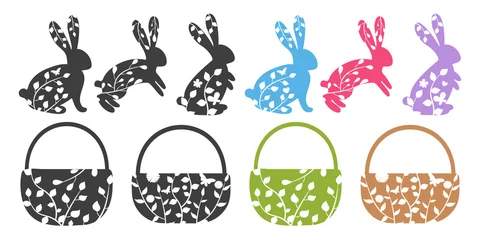 Gordijnen Decorated easter Bunnies, flowers, butterflies and basket. Folk style silhouette design for Easter cards, banners and etc © Reea Doom