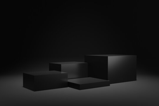 Blank pedestals or platform in cube shape with dark black studio background for product display.