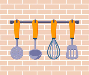 Hanging kitchen utensils on a brick wall: ladle, whisk, slotted spoon, spatula. Kitchen or restaurant interior in flat design. Vector stock illustration.