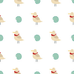 Vector seamless pattern with seagulls in neck handkerchiefs and shells