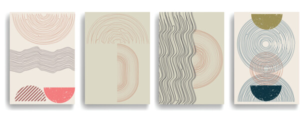 Modern poster with minimalist design elements . Grunge textured circles in Boho art style  . Wall art , home deco . Vector abstract shape. © miloje