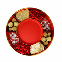 3D render illustration Chinese lunar new year candy box round bitcoin chocolate 