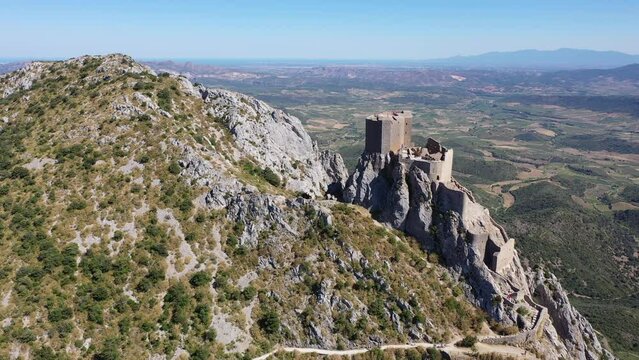 Panoramic view of castle Chateau de Queribus. Aude department. Languedoc-Roussillon region. France