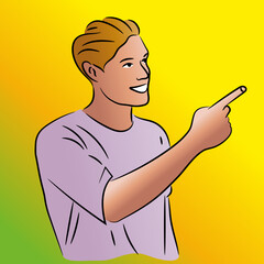 A man on a yellow-green background points his finger up.