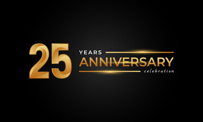 25 Year Anniversary Celebration with Shiny Golden and Silver Color for Celebration Event, Wedding, Greeting card, and Invitation Isolated on Black Background