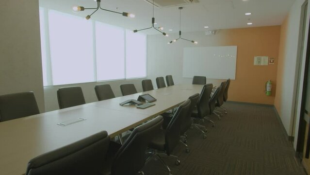 Dolly In Shot Of A Newly Built Empty Meeting Room In A Corporate Office