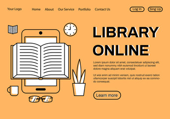 Online library website. The concept of a mobile application for reading. Vector stock illustration. Book on the phone.