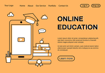 Online shopping. Landing page template. Mobile phone, a stack of books, an apple, a glass with pens and pencils, a hat, a diploma, a medal. Vector stock illustration in flat design