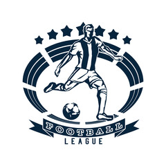 soccer emblem with a silhouette of the player and ball isolated monochrome picture