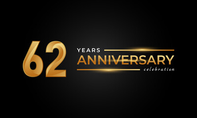 62 Year Anniversary Celebration with Shiny Golden and Silver Color for Celebration Event, Wedding, Greeting card, and Invitation Isolated on Black Background