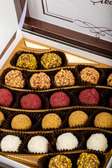 chocolate and colorful candies in a box