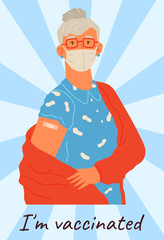 Young woman wearing protective mask showing her arm with bandage after receiving covid-19 vaccine. Concept of vaccination, health, spread of vaccine, healthcare, call of fight against coronavirus