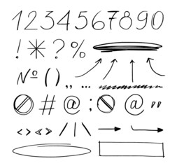 Punctuation symbols. Asterisk, brackets and question mark, exclamation mark. A set of punctuation marks and numbers. Writting doodle elements isolated on white background.
