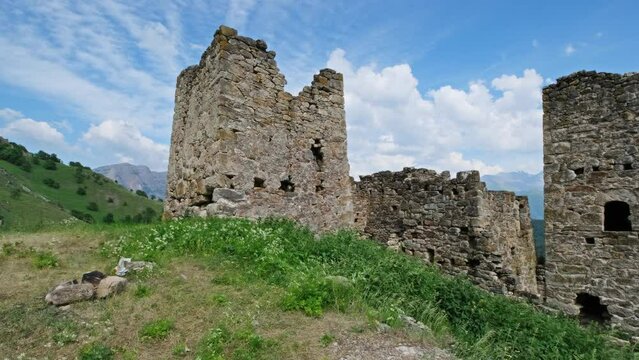 Panorama view of medieval building and ruin in Ingushetia, Russia, Northern Caucasus, 4k