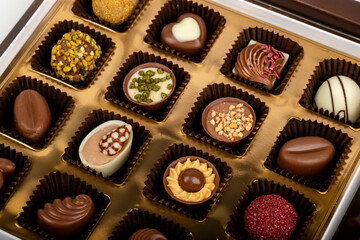 chocolate and colorful candies in a box