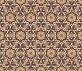 Geometric kaleidoscope with stars, shades of dark, desaturated, greyish orange. Seamless vector pattern