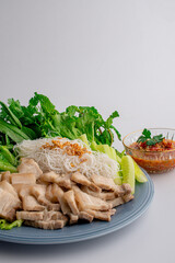 Streaky pork sliced and seafood sauce on table, Close-up 