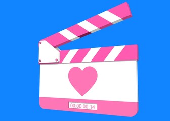 Fototapeta na wymiar Video Clapper for Story Romance. Film clapper-slate 3D - Digital sign. film slate valentine's day Background.