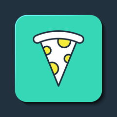 Filled outline Slice of pizza icon isolated on blue background. Fast food menu. Turquoise square button. Vector
