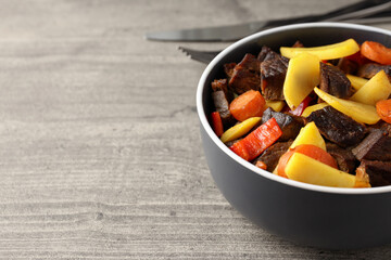 Concept of tasty food with beef with vegetables, space for text