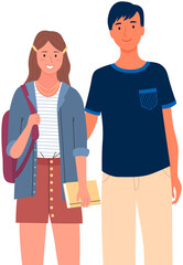 Happy school pupils or college students standing with books. Portrait of smiling happy people. Diverse college, university students, schoolgirl and schoolboy with notebook and gadgets for studying