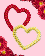 Greeting card for lovers with united hearts. Two flower hearts on a pink background of pastel tones with a frame of flowers. Greeting card for Valentine's Day, Mother's Day, Wedding, Women's Day