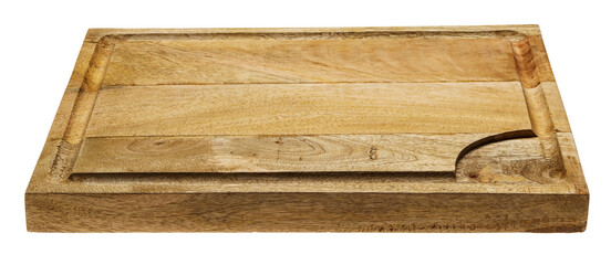 one wooden kitchen cutting board, real photo of isolated object on white background, side view