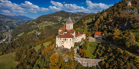 Val Isarco, Italy - Aerial panoramic view of Trostburg Castle (Castel Trostburg), a XII century...