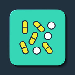 Filled outline Medical pill bottle biohacking icon isolated on blue background. Pharmacy biohacking. Turquoise square button. Vector