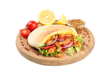 Board with pita and ingredients isolated on white background