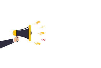 Hand businessman megaphone space on white background. Advertising through speakers, loudspeaker. Vector illustration in modern design