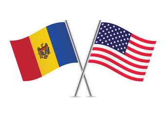 Moldova and America crossed flags. Moldovan and American flags isolated on white background. Vector icon set. Vector illustration.