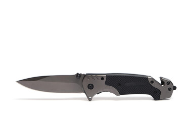 Tactical folding knife on white background, isolated.