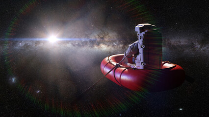 astronaut in rubber boat, surreal space background © dottedyeti