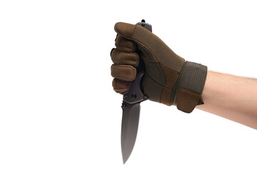 Hand in tactical glove, holding folding knife, on white background. - obrazy, fototapety, plakaty