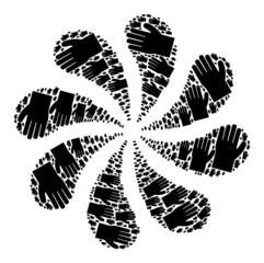 Hand icon rotation burst turbine fireworks shape. Rotation cycle designed using scattered hand symbols.
