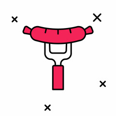 Filled outline Sausage on the fork icon isolated on white background. Grilled sausage and aroma sign. Vector