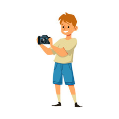 Smiling boy with professional camera taking pictures, flat vector illustration isolated on white background.