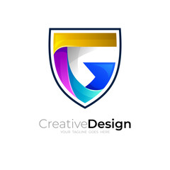 Letter G logo and shield design vector, glossy icon