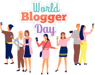 Fototapeta premium World blogger day poster with people using mobile smartphone for texting and leaving comments in social networks and blogs. Guys standing with phones chatting online with friends taking selfie