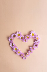 Beautiful light purple flower heart on light yellow background copy space valentine's day spring concept