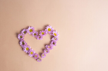 Beautiful light purple flower heart on light yellow background copy space valentine's day spring concept