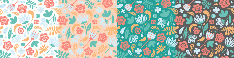 Fototapeta na wymiar Spring pattern. Seamless floral ornament. Flowers and plants. Vector image. 