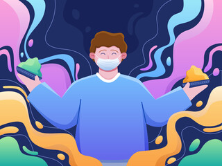 Illustration of Indian people celebrating Holi Festival with wearing face mask to prevent the virus. can be used for posters, banners, postcards, print, web, animation, social media, etc.