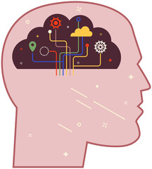 Person in process of thinking with mental mindset or creative models to solve problem. Human head with thoughts in shape of cloud. Developing creative thinking to deal with problems, find solutions