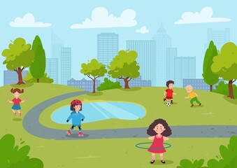Obraz na płótnie Canvas City park background with kids doing sports, cartoon flat vector illustration.